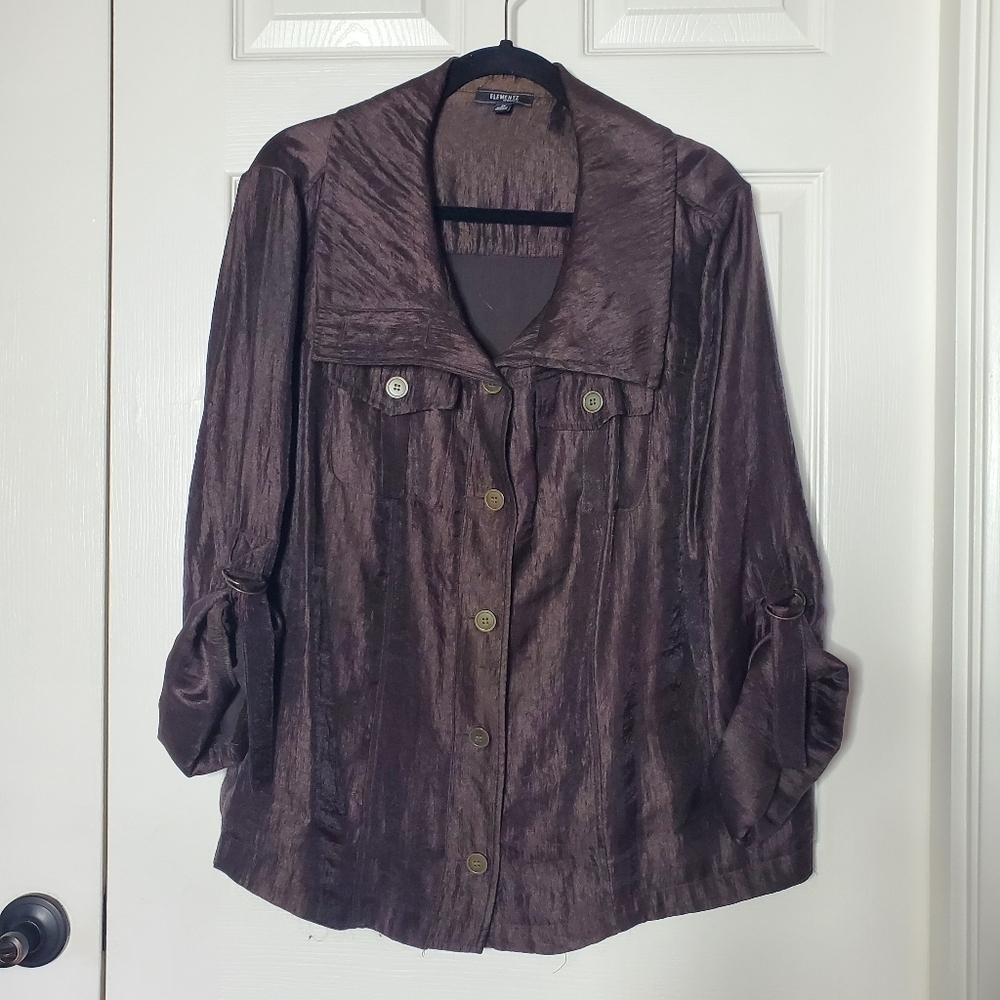 Elementz Shimmery Button-up Top Roll-up Sleeves Boxy Style Brown Size 2X